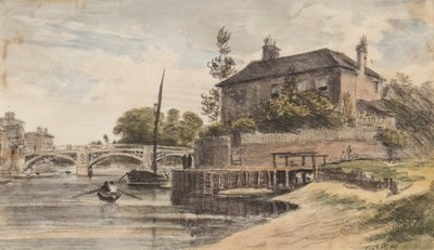 Berkshire: Ponte di Windsor dal prato verso Clewer, Casa del Sig. Collins, Giovane Cramer e Blagsom in barca, 18 luglio 1832 da William Crotch